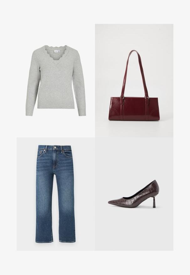 Hellgrauer Pullover mit langen Ärmeln und V-Ausschnitt. Mit gewellten Saumdetails und einer weichen Strickstruktur. Minimalistisches Design.; Blaue Jeans mit geradem Bein, vorderer Knopfleiste, Reißverschluss und Fünf-Taschen-Design auf weißem Hintergrund.; Braune Pumps mit spitz zulaufender Spitze aus Kunstleder in Krokodiloptik, mit schlankem, eckigem Absatz und glatter Innenfütterung.; Burgunderfarbene Handtasche aus glänzendem Material, rechteckige Form, mit zwei Schulterriemen und subtilen, geschwungenen Akzenten an der Vorderseite.