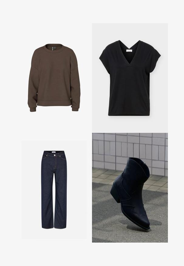 Brun sweatshirt lavet af blødt stof, med rund hals, drop skuldre og ribbede manchetter for en afslappet pasform. Enkel, ensfarvet design.; Sort kortærmet top med V-hals og krydsede stropper på ryggen, lavet af blødt stof, vist på en ensartet lys baggrund.; Mørkeblå vide jeans lavet af denim, med store lommer, kontrasterende orange stikninger og en knaplukning i taljen.; Sort læderankelstøvle med lav hæl, dekorative syninger og spids tå, placeret opret på en brolagt overflade ved siden af en flisebelagt væg.