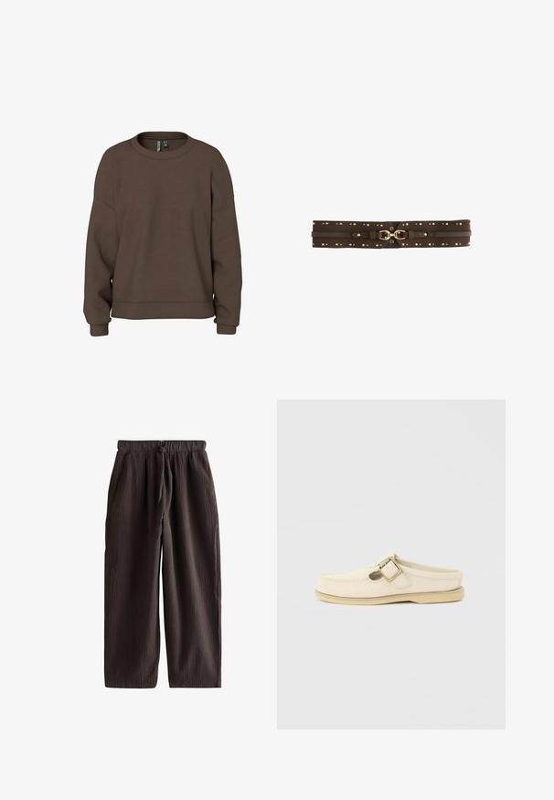 Brun sweatshirt lavet af blødt stof, med rund hals, drop skuldre og ribbede manchetter for en afslappet pasform. Enkel, ensfarvet design.; Mørkebrune teksturerede bukser med vidde, elastisk talje og justerbar snor, afslappet og komfortabel pasform.; Beige slip-on sko med spænde, matchende beige sål og rund tå, vist på en ensfarvet lysegrå baggrund.; Bred mørkebrun læderbælte med guldnitter og en dobbelt guldspænde i midten.