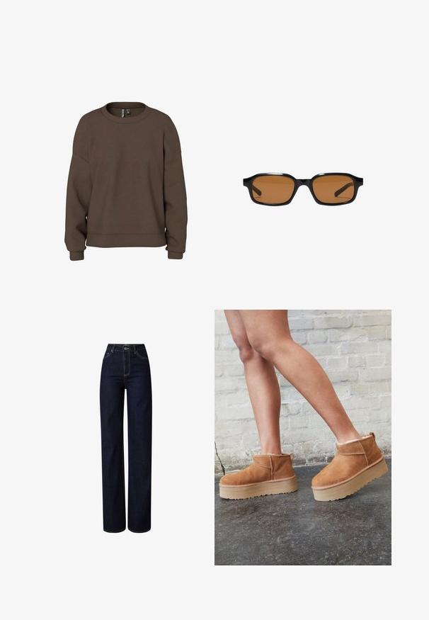 Brun sweatshirt gemaakt van zachte stof, met een ronde hals, verlaagde schouders en geribbelde manchetten voor een ontspannen pasvorm. Eenvoudig ontwerp met effen kleur.; Donkerdenim wijde jeans met een hoge taille, voorzien van contrasterende stiksels, een knoopsluiting en een klassieke vijf-pocketontwerp.; Bruine suède enkelboots met een zachte voering, dikke beige plateauzool en een achterste lus. Getextureerde oppervlakte met zichtbare stiksels.; Zwarte rechthoekige zonnebril met dikke monturen en bruin getinte glazen, getoond van voren op een witte achtergrond.