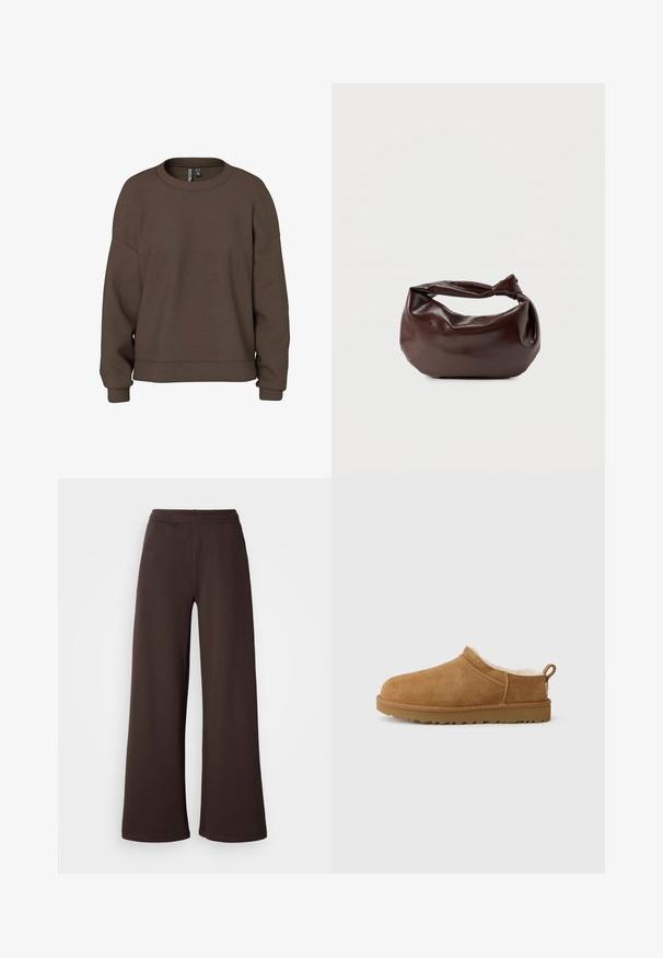 Brun sweatshirt gemaakt van zachte stof, met een ronde hals, verlaagde schouders en geribbelde manchetten voor een ontspannen pasvorm. Eenvoudig ontwerp met effen kleur.; Brede broekspijpen in donkerbruin, gemaakt van zachte stof met een elastische tailleband en een nette zoomafwerking, ideaal voor comfort en casual draagstijl.; Bruine suede instap schoen met een zachte, witte bontvoering, vlakke rubberen zool, ronde neus en een kleine trekflap aan de hiel.; Donkerbruine leren schoudertas met een zachte, slungelige vorm en een gedraaide knoopvormige handgreep op een effen witte achtergrond.