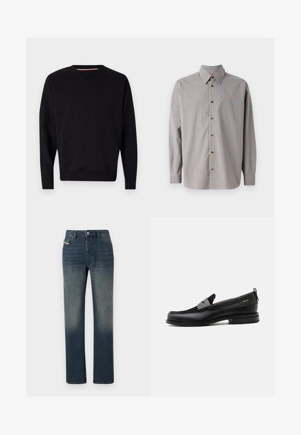 Replay ESSENTIAL R CREWNECK - Sweatshirt - black; Hemd aus Baumwolle mit einem blauen und orangefarbenen Karomuster, langen Ärmeln, spitzem Kragen und einem kleinen Logo im Bereich der Brusttasche.; Blaue Jeans mit geradem Bein, verwaschenem Look, Vorderseite mit Knopf- und Reißverschluss sowie Fünf-Taschen-Design.; Schwarzer Lederloafer mit grauem Riemendetail, niedrigem Absatz und strukturierter Sohle, seitlich mit „HUGO“ in Gold gebrandmarkt.
