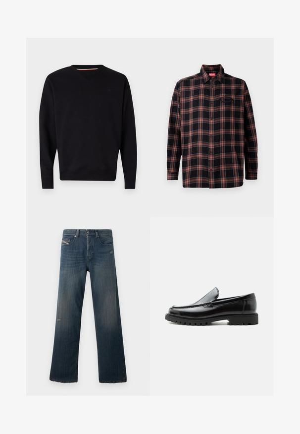 Replay ESSENTIAL R CREWNECK - Sweatshirt - black; Schwarz-rote Karobluse mit durchgehender Knopfleiste, langen Ärmeln und einem Etikett am Kragen. Mit Kontrastnähten und einer aufgesetzten Tasche.; Blaue Jeans aus Denim mit einem geraden Bein, verblasster Textur, fransigem Saum und abgenutzten Details an der vorderen Tasche und im Oberschenkelbereich.; Schwarzer Lederloafer mit grober Gummisohle, genähter Oberseite und geprägtem Markennamen an der Ferse, seitlich auf weißem Hintergrund gezeigt.