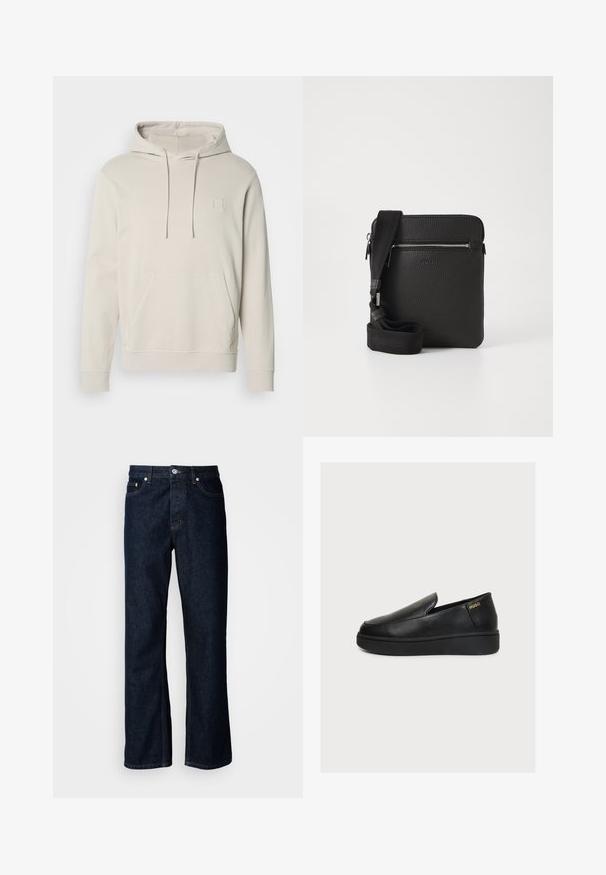 Licht beige hoodie van zachte stof, met een voorzak, trekkoorden en een klein vierkant logo op de borst. Lange mouwen en geribbelde manchetten.; Donkerblauwe denim jeans met een rechte pijp, voorzien van een vijfzakkenontwerp, knoopsluiting en oranje stikdetails.; Zwarte leren slip-on platformschoen met dikke zool en klein gouden "HUGO" logo nabij de hiel op een effen lichte achtergrond.; Zwarte leren schoudertas met een gestructureerd oppervlak, een ritsvak aan de voorkant en een verstelbare stoffen schouderband. Eenvoudig vierkant ontwerp.