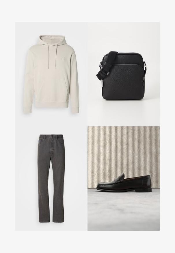 Licht beige hoodie van zachte stof, met een voorzak, trekkoorden en een klein vierkant logo op de borst. Lange mouwen en geribbelde manchetten.; Grijze spijkerbroek met een rechte pijp, voorzien van voorzakken, een knoopsluiting en een subtiele textuur.; Zwarte leren penny loafer met lage hak, afgeronde neus en gestikte details langs de voorkant en zijkanten, afgebeeld op een neutrale achtergrond.; Zwarte leren schoudertas met een gestructureerd oppervlak, voorzien van een voorzak met rits, een verstelbare schouderband en metalen accenten.