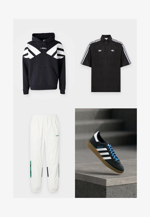 Zwarte hoodie met witte diagonale strepen over de borst en mouwen, voorvak en logo op de bovenkant van de borst.; Zwart overhemd met korte mouwen en knopen, subtiel vlammenpatroon, witte Adidas trefoil-logo's op de borst en witte drie strepen op de mouwen.; Witte sportieve broek gemaakt van lichtgewicht materiaal, met groene en zwarte accenten aan de zijkanten, voorzien van een elastische tailleband en boorden.; Zwarte Adidas-sneaker met witte strepen, blauwe veters en een gumzool die boven een grijze betonnen trede zweeft in zacht licht.