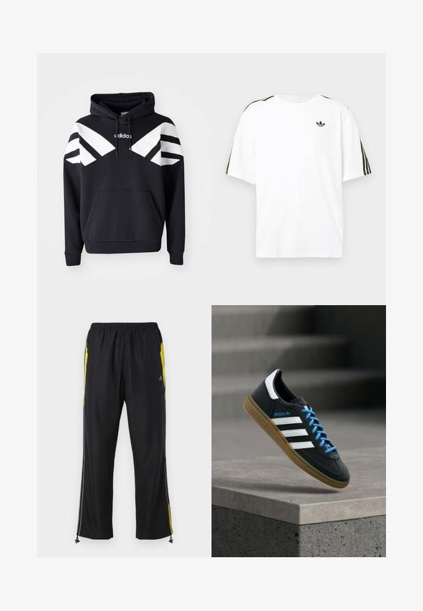 Zwarte hoodie met witte diagonale strepen over de borst en mouwen, voorvak en logo op de bovenkant van de borst.; Witte katoenen t-shirt met korte mouwen, voorzien van zwarte drie-strepen accenten op de schouders en een klein zwart logo op de borst.; Zwarte sportbroek met gele zijkanten, elastische tailleband en met rits te sluiten zijzakken. Gemaakt van lichtgewicht, gladde stof.; Zwarte Adidas-sneaker met witte strepen, blauwe veters en een gumzool die boven een grijze betonnen trede zweeft in zacht licht.