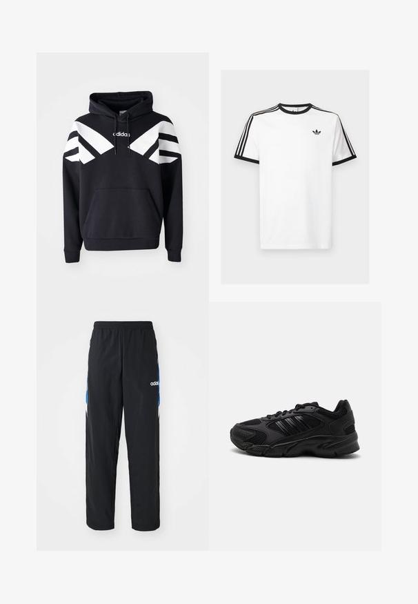 Sort hættetrøje med hvide diagonale striber over brystet og ærmerne, frontlomme og logo på den øverste del af brystet.; Hvid bomulds t-shirt med sort ribkant ved hals og ærmer, med tre sorte striber på hver skulder og et lille logo på brystet.; Sorte træningsbukser med elastisk talje, prydet med blå og hvide grafiske detaljer på siderne og et broderet logo.; Sorte træningssko med en kombination af åndbart mesh og syntetiske materialer. Distinct tekstureret sål og tre sorte striber på siden.
