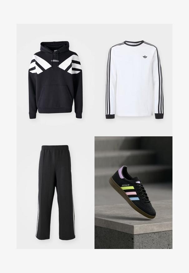 Sort hættetrøje med hvide diagonale striber over brystet og ærmerne, frontlomme og logo på den øverste del af brystet.; Hvid langærmet Adidas-trøje med sort rund hals, sorte manchetter, tre sorte striber ned langs ærmerne og sort trekløverlogo på brystet.; Sorte sweatpants med elastisk talje, der har hvide sidelister og en afslappet pasform. Lavet af blødt, strækbart stof.; Sort Adidas Spezial sneaker med pastelgule, pink og blå striber, lavendel hælstrop og brun sål, svævende over betonforkant.