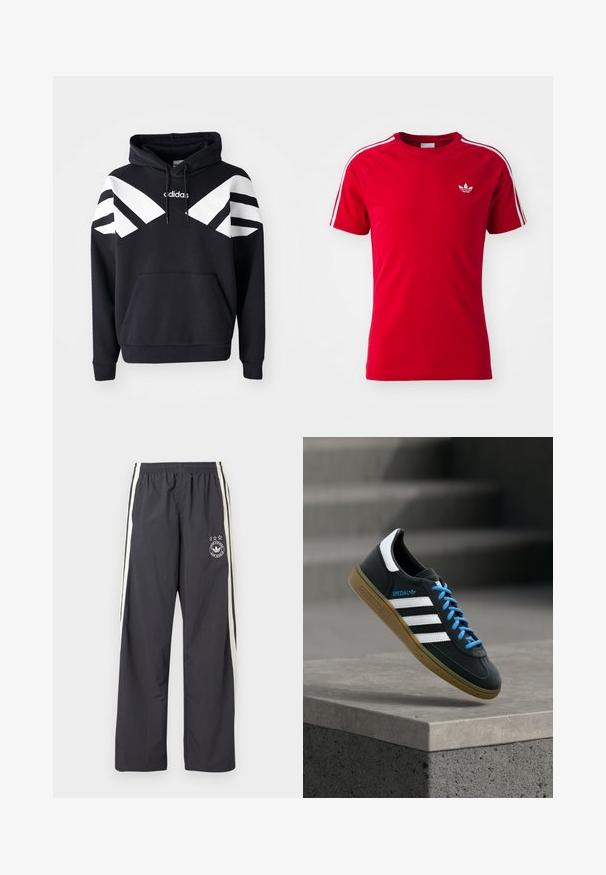 Sudadera con capucha negra que presenta franjas diagonales blancas en el pecho y las mangas, bolsillo frontal y logotipo en la parte superior del pecho.; Camiseta deportiva roja hecha de tela suave, con rayas blancas en los hombros y un pequeño logo blanco en el pecho. Mangas cortas, diseño de cuello redondo.; Pantalones de chándal gris oscuro con rayas blancas laterales, cintura elástica y un logo circular con tres estrellas en el muslo izquierdo. Tela ligera.; Zapatilla negra Adidas con franjas blancas, cordones azules y suela de goma flotando sobre un escalón de hormigón gris con luz suave.
