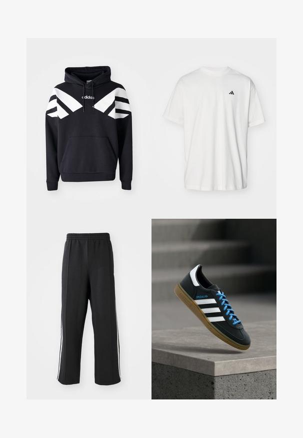 Sort hættetrøje med hvide diagonale striber over brystet og ærmerne, frontlomme og logo på den øverste del af brystet.; Hvid bomulds t-shirt med korte ærmer, rund hals og et lille sort Adidas-logo på venstre bryst. Blød tekstur, afslappet pasform.; Sorte sweatpants med elastisk talje, der har hvide sidelister og en afslappet pasform. Lavet af blødt, strækbart stof.; Sort Adidas sneaker med hvide striber, blå snørebånd og gummisål, der svæver over gråt betontrin i blødt lys.