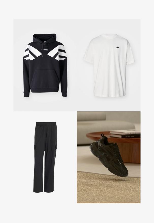 Zwarte hoodie met witte diagonale strepen over de borst en mouwen, voorvak en logo op de bovenkant van de borst.; Witte katoenen t-shirt met korte mouwen, ronde hals en een klein zwart Adidas-logo op de linkerzijde van de borst. Zachte textuur, casual pasvorm.; Zwarte broek met rechte pijpen, elastische taille en cargozakken aan beide zijden, met een klein wit logo op de rechterzak.; Zwarte chunky sneaker met mesh en glanzende details die boven een beige tapijt zweeft, ronde houten salontafel met boeken op de achtergrond.