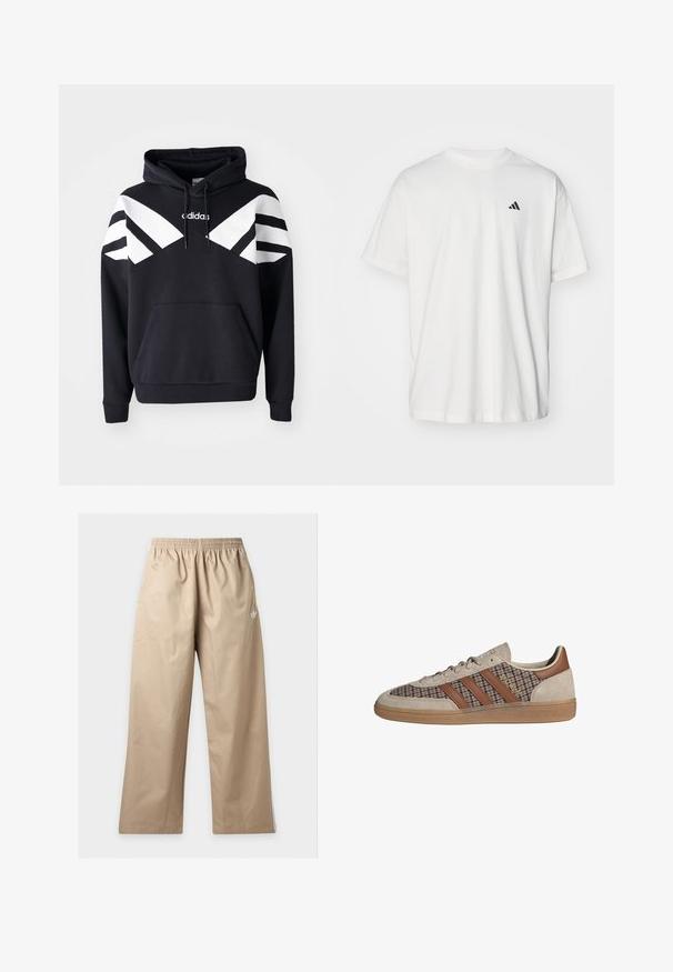 Sudadera con capucha negra que presenta franjas diagonales blancas en el pecho y las mangas, bolsillo frontal y logotipo en la parte superior del pecho.; Camiseta de algodón blanca con mangas cortas, cuello redondo y un pequeño logo negro de Adidas en el lado izquierdo del pecho. Textura suave, ajuste casual.; Pantalones beige de pierna ancha con cintura elástica y pequeño logo blanco de Adidas en la parte superior del muslo izquierdo, mostrados sobre un fondo liso.; Zapatilla baja con ante beige, rayas de cuero marrón, paneles de tela a cuadros y suela de goma.