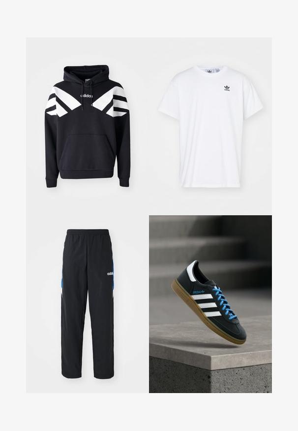 Sudadera con capucha negra que presenta franjas diagonales blancas en el pecho y las mangas, bolsillo frontal y logotipo en la parte superior del pecho.; Camiseta blanca de algodón con mangas cortas, escote redondo y un logo negro de Adidas con tres franjas en la zona del lado izquierdo del pecho.; Pantalones deportivos negros con cintura elástica, que presentan acentos gráficos en azul y blanco en los laterales, y un logo bordado.; Zapatilla negra Adidas con franjas blancas, cordones azules y suela de goma flotando sobre un escalón de hormigón gris con luz suave.