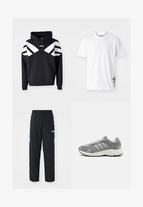 Zwarte hoodie met witte diagonale strepen over de borst en mouwen, voorvak en logo op de bovenkant van de borst.; Witte katoenen t-shirt met korte mouwen, ronde halslijn, en een zwart Adidas-logo label op de linker onderkant. Luxe textuur.; Zwarte sportbroeken met een elastische tailleband, voorzien van blauwe en witte grafische accenten aan de zijkanten en een geborduurd logo.; Grijze sportieve schoen van mesh en suède materialen, met witte veters, een gevoerde kraag en een massieve witte tussenzool met gestructureerde accenten.