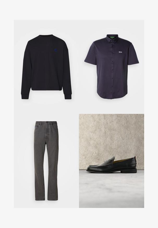 Zwarte sweatshirt van katoen, met een ronde hals en een losse pasvorm. Het heeft een klein blauw geborduurd logo op de borst.; Kortärmelig polo in donker marineblauw van een gladde katoenmix, met een button-down kraag en het geborduurde "BOSS"-logo op de borst.; Grijze spijkerbroek met een rechte pijp, voorzien van voorzakken, een knoopsluiting en een subtiele textuur.; Zwarte leren herenslipper met een krokodillen-embossed voorblad en een lage hak, zij-aanzicht op een neutrale achtergrond.