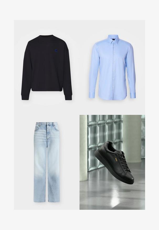 Sort sweatshirt lavet af bomuld, med rund halsudskæring og løs pasform. Den har et lille blåt broderet logo på brystet.; Lyseblå langærmet skjorte med knaplukning lavet af tekstureret stof, med spidse krave og klassisk knaplukning foran.; Lyseblå, højtaljede jeans med rette ben, forlommer, bæltestropper og knaplukning.; Sort læder lavtop sneaker med snørebånd, guld "BOSS" logo på siden, vist svævende indendørs mod en glasblok og beton baggrund.