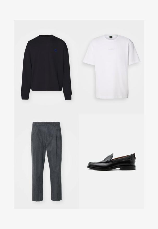 Zwarte sweatshirt van katoen, met een ronde hals en een losse pasvorm. Het heeft een klein blauw geborduurd logo op de borst.; Witte katoenen T-shirt met korte mouwen, ronde halslijn en reliëf 'BOSS' logo op de borst. Veilig textuur, standaard pasvorm.; Grijze pinstripe broek met een recht model, voorzien van een knoopsluiting en een soepele stoftextuur. Getailleerde pasvorm met plooien.; Zwarte leren herensloffen met moc toe stiksel, pennyriem, gestructureerde kraag en lage gestapelde hak op witte achtergrond.