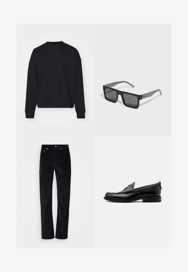 Schwarzer Pullover aus Baumwolle mit rundem Halsausschnitt und lässiger Passform. Er hat ein kleines blaues gesticktes Logo auf der Brust.; Schwarze Cordhosen mit geradem Schnitt. Mit einem Knopfverschluss und Fünf-Taschen-Design. Strukturierter, gerippter Stoff.; Schwarzer Leder-Herrenschuh mit Mokassinnaht, Penny-Riemen, strukturiertem Kragen und niedrigem gestapeltem Absatz auf weißem Hintergrund.; HUGO Sonnenbrille - black