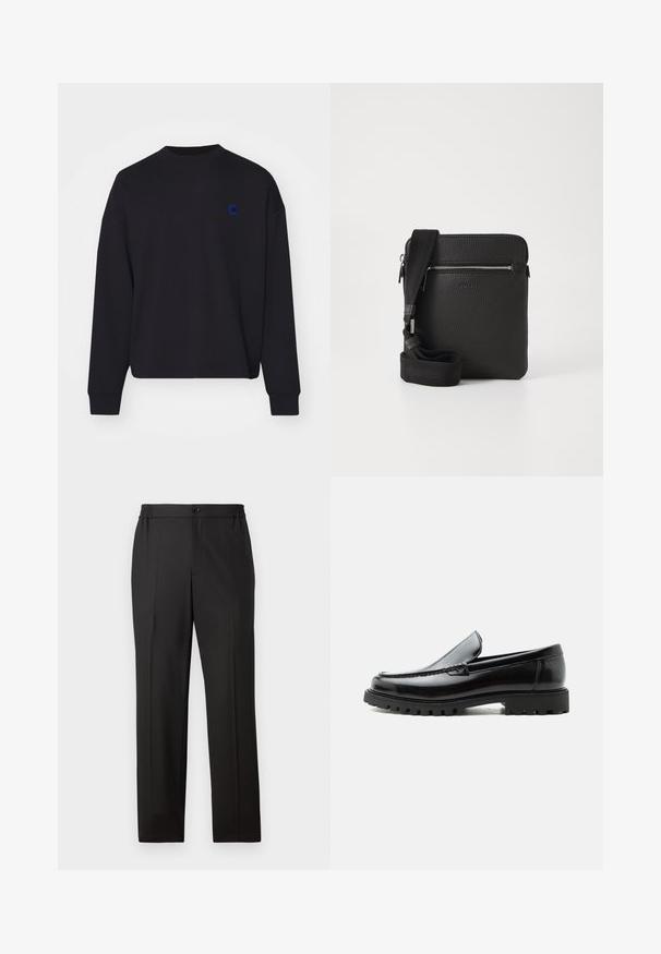 Sort sweatshirt lavet af bomuld, med rund halsudskæring og løs pasform. Den har et lille blåt broderet logo på brystet.; Sorte bukser med lige ben, elastisk talje med knaplukning, flad front og glat stofoverflade.; Sort læderloafer med chunky gummisål, syet overdel og præget mærkenavn på hælen, vist i sideprofil på hvid baggrund.; Sort læder crossbody taske med en tekstureret overflade, lynlåslomme foran og en justerbar stofrem. Enkel firkantet design.