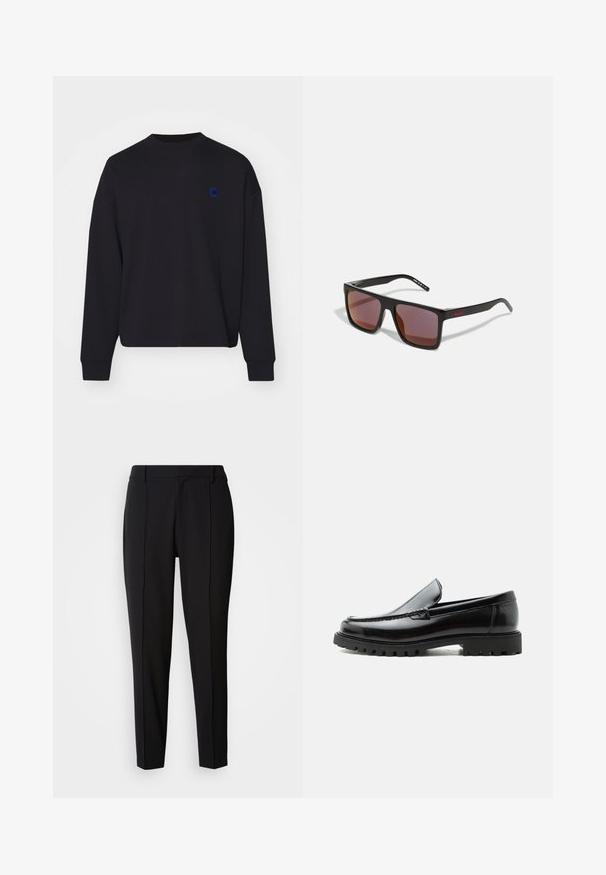 Sort sweatshirt lavet af bomuld, med rund halsudskæring og løs pasform. Den har et lille blåt broderet logo på brystet.; Calvin Klein PULL ON - Bukser - black; Sort læderloafer med chunky gummisål, syet overdel og præget mærkenavn på hælen, vist i sideprofil på hvid baggrund.; Sorte rektangulære solbriller med mørkerøde linser, med en mat finish og rød logo på stangen. Solid plastikramme.