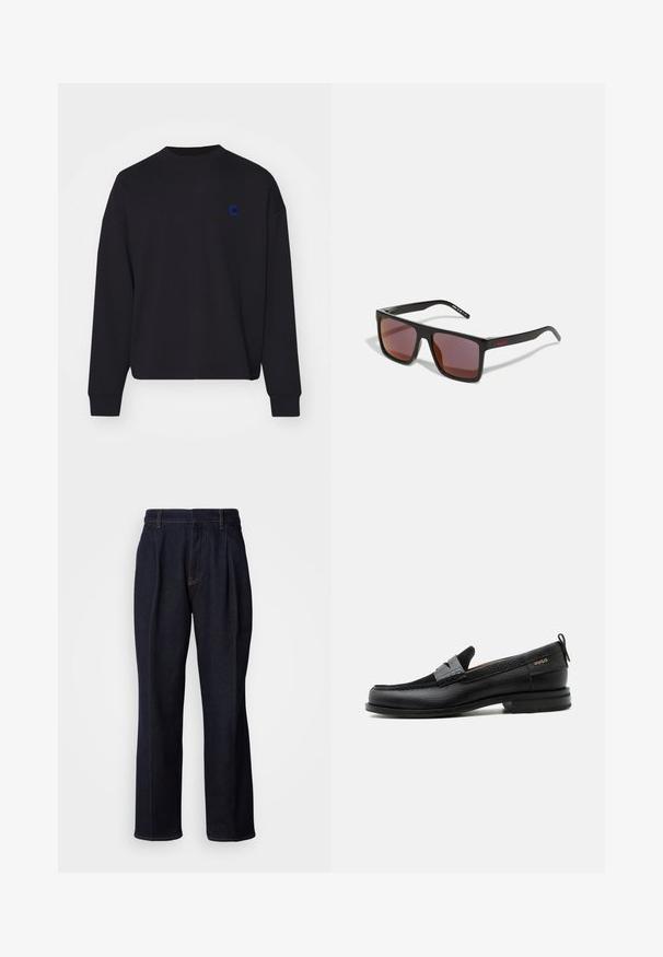Schwarzer Pullover aus Baumwolle mit rundem Halsausschnitt und lässiger Passform. Er hat ein kleines blaues gesticktes Logo auf der Brust.; Dunkelblaue weit geschnittene Jeans mit vorderen Falten und orangen Nähten, auf weißem Hintergrund gezeigt.; Schwarzer Lederloafer mit grauem Riemendetail, niedrigem Absatz und strukturierter Sohle, seitlich mit „HUGO“ in Gold gebrandmarkt.; Schwarze rechteckige Sonnenbrille mit dunkelroten Gläsern, mit matter Oberfläche und rotem Logo am Bügel. Robuster Kunststoffrahmen.