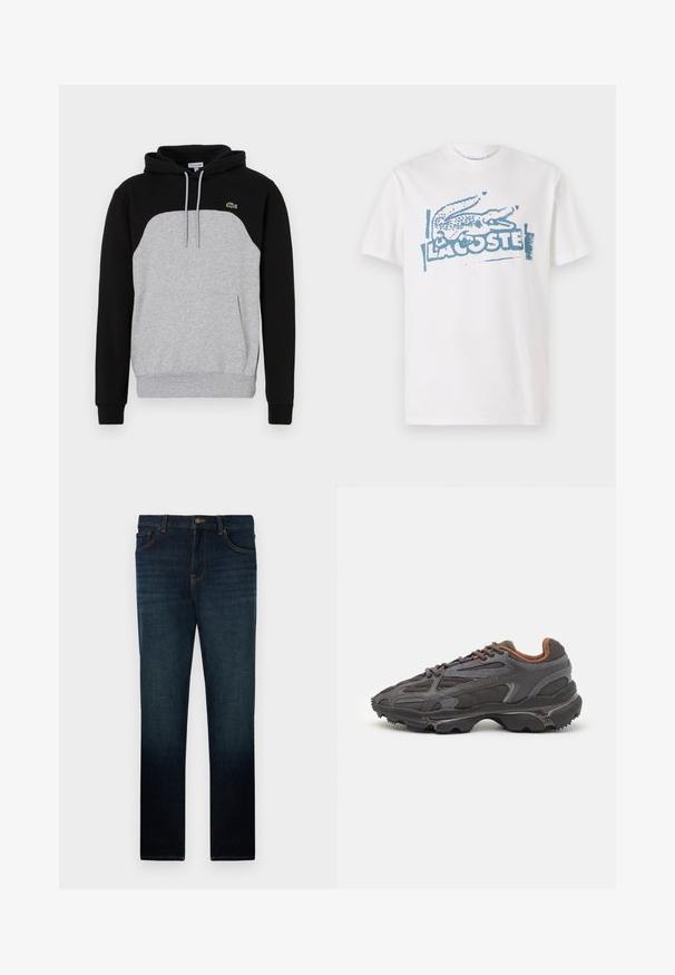 Sudadera con capucha que presenta un cuerpo negro, un panel frontal gris, cordón ajustable y un pequeño logo verde en el pecho. Mezcla de algodón suave y texturizado.; Camiseta de algodón blanca con un logo de cocodrilo azul y el texto "LACOSTE", de manga corta, corte relajado y textura suave.; Jeans slim-fit azul oscuro con bolsillos frontales, cierre de botón y sutiles detalles desgastados en los muslos y las piernas.; Zapatillas Lacoste en gris oscuro con material de malla y sintético, que cuentan con una suela texturizada y detalles en marrón en el cuello y la marca.