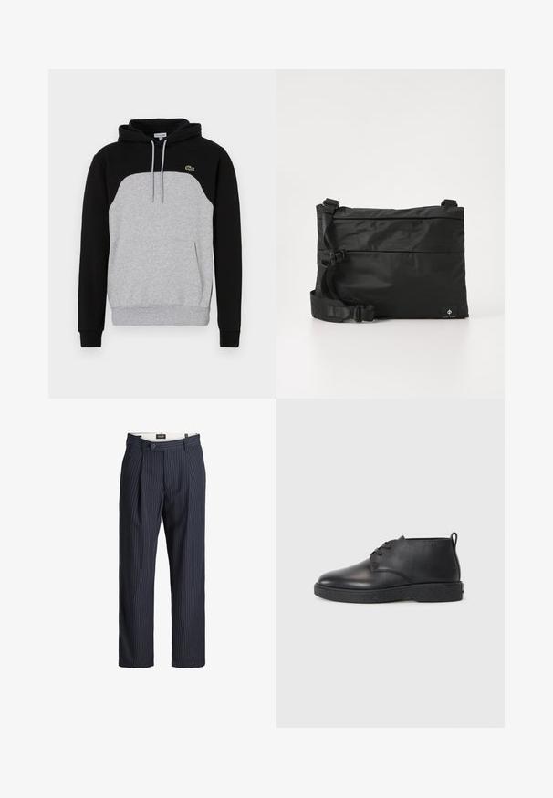 Sudadera con capucha que presenta un cuerpo negro, un panel frontal gris, cordón ajustable y un pequeño logo verde en el pecho. Mezcla de algodón suave y texturizado.; Pantalones formales de raya diplomática azul marino con presillas para cinturón, pinzas delanteras y cierre de botón en la pretina.; Botas de tobillo de cuero negro con textura suave, punta redondeada y suela de goma negra. Cuentan con un diseño de cordones y un tirador en el talón para facilitar su uso.; Bolso mensajero de nylon negro con correa ajustable, diseño plano y una etiqueta lateral con un logo. Textura suave y estilo minimalista.