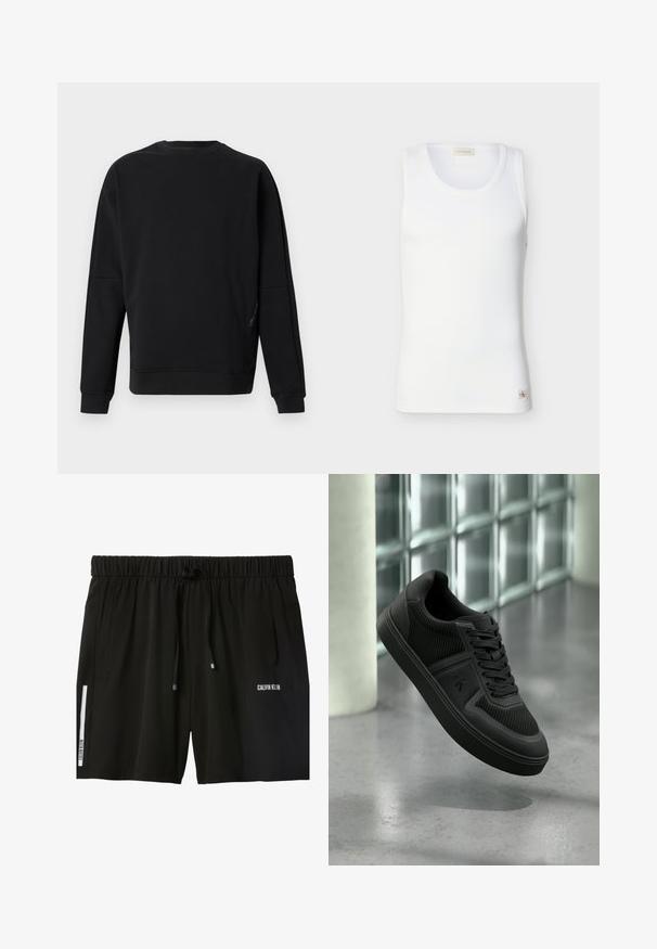 Sweat-shirt noir uni à manches longues avec col rond, poignets et ourlet côtelés, présenté sur un fond gris clair.; Débardeur blanc à côtes sans manches avec encolure ronde et petite étiquette logo Calvin Klein près de l'ourlet sur fond uni.; Short noir Calvin Klein avec taille élastique, cordon ajustable, poches latérales et logo blanc sur la jambe gauche et la cuisse droite.; Baskets basses noires avec panneaux texturés, lacets et logo "ck" sur le côté, flottant au-dessus d'un sol en béton poli près de blocs de verre.