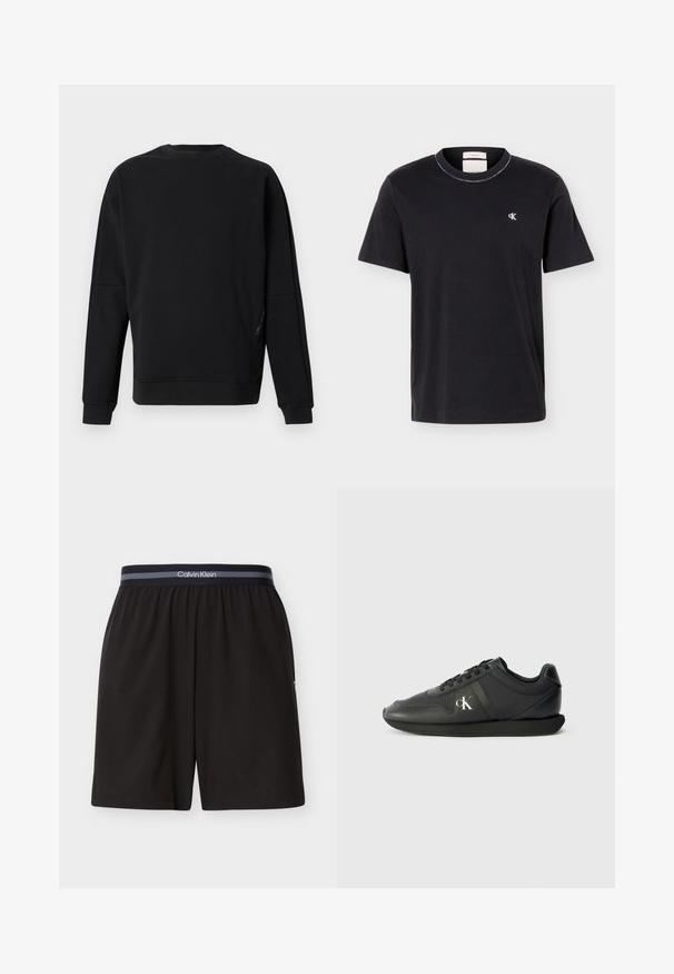 Sweat-shirt noir uni à manches longues avec col rond, poignets et ourlet côtelés, présenté sur un fond gris clair.; T-shirt noir à manches courtes et col rond avec petit logo blanc "cK" sur le côté gauche de la poitrine, coupe classique, design simple.; Shorts noirs Calvin Klein pour hommes avec taille élastique et bande de marque, longueur au genou, design uni, présentés à plat sur fond blanc.; Baskets en cuir noir avec un bout arrondi, semelle plate noire et lacets. Présente un logo argenté sur le côté et une finition lisse et texturée.
