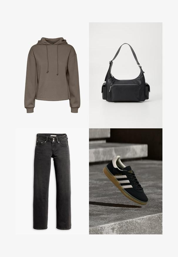 Brun hættebluse med snøre, vidde ærmer og en cropped design. Blød tekstur med ribbede manchetter og en lige kant.; Sorte straight-leg jeans med for- og baglommer, bæltestropper og dobbeltknaplukning i taljen.; Sort ruskindssneaker med hvide striber og gyldent logo, med en tekstureret gummisål i karamel og en kontrasterende cremefarvet hæltab.; Sort læder skuldertaske med en rund form, lynlåslomme foran og to sidelommer. Har en enkelt justerbar skulderrem.