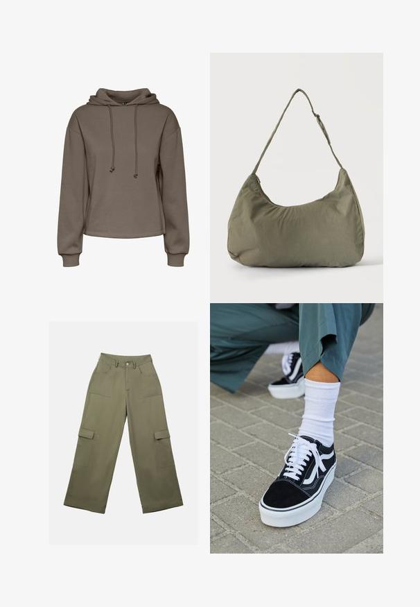 Brun hættebluse med snøre, vidde ærmer og en cropped design. Blød tekstur med ribbede manchetter og en lige kant.; Olivengrønne cargo bukser med høj talje, brede ben og to store sidelommer. Fremstillet af glat stof med knaplukning.; Sorte ruskinds sneakers med hvide accenter og snørebånd, der har en tyk hvid sål og kontrasterende syninger, parret med en hvid sok.; Skuldertaske i blødt olivengrønt stof med lynlås og justerbar rem på ensfarvet, lyst baggrund.