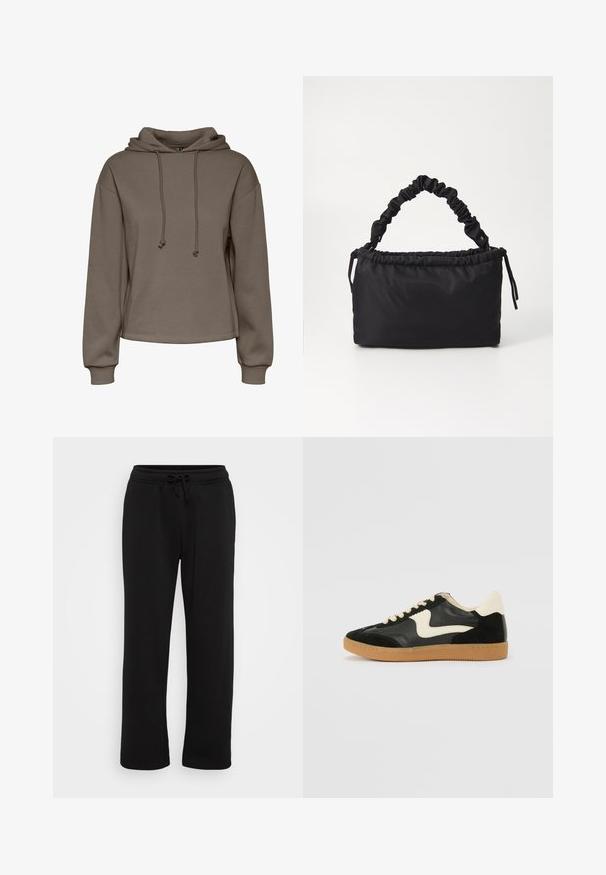 Bruine capuchontrui met trekkoorden, brede mouwen en een cropped ontwerp. Zachte textuur met geribde manchetten en een rechte zoom.; Zwarte straight-leg sweatpants met elastische tailleband en verstelbaar trekkoord, weergegeven op een witte achtergrond.; Zwarte suède en leren sneaker met een crèmekleurige zij-swoosh en lichte crèmekleurige hiel. Voorzien van beige veters en een gumrubberen zool.; Zwarte tas gemaakt van zacht, gladde stof. Beschikt over een geplooide handgreep en een trekkoordsluiting, met een rechthoekige vorm en geen zichtbare hardware.