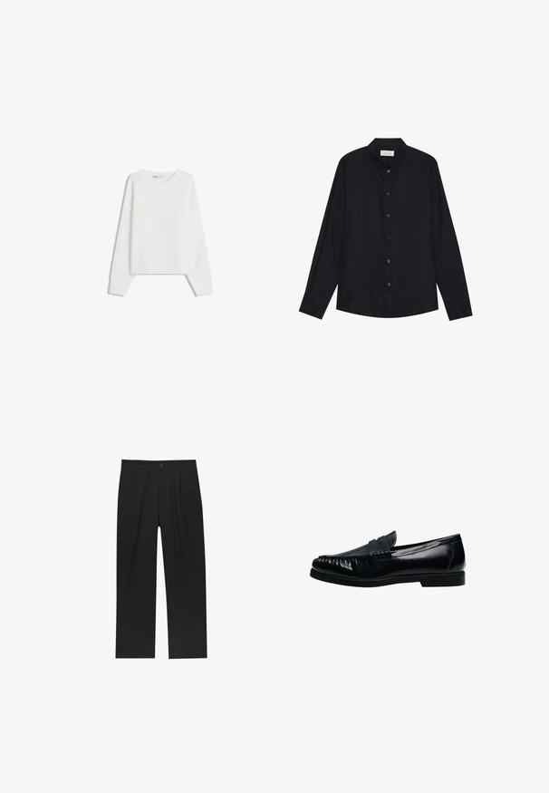 Hvid strikket sweater med lange ærmer, rund halsudskæring, ribbede manchetter og kant. Blød tekstur, løs pasform, ingen synlige mønstre eller accenter.; Sort langærmet skjorte med knapper og klassisk krave, præsenteret fladt mod en hvid baggrund.; Sorte bukser med lige ben, lavet af et glat stof. Har frontfolder og en enkelt knaplukning i taljen.; Sort herre penny loafer i læder med syninger på mok-toe og lav hæl, vist i sideprofil på hvid baggrund.