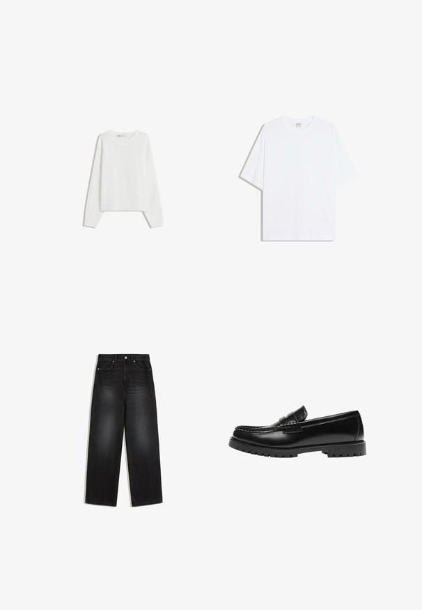 Hvid strikket sweater med lange ærmer, rund halsudskæring, ribbede manchetter og kant. Blød tekstur, løs pasform, ingen synlige mønstre eller accenter.; Hvid oversized bomulds t-shirt med rund hals og korte ærmer; glat tekstur, uden synlige mønstre eller accenter.; Sorte jeans med høj talje og lige ben, med forlommer, knaplukning og subtile falmede detaljer på lår og knæ.; Sort læderloafer med en kraftig gummisål og klassiske penny-strap detaljer, vist fra ydersiden.