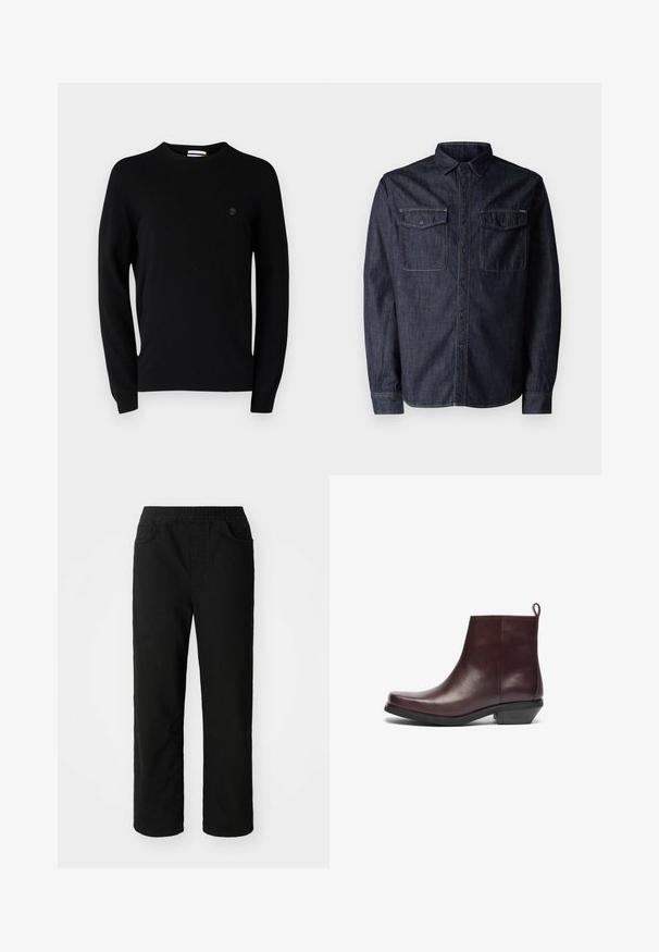 Suéter negro de cuello redondo hecho de un tejido suave, con mangas largas y un sutil logo en el pecho. Diseño simple, sin patrones ni acentos.; Replay Camisa - dark blue; Pantalones de algodón negros con un ajuste relajado, cinturilla elástica, dos bolsillos delanteros y piernas rectas. Textura suave sin patrones visibles.; Botas de tobillo de cuero burdeos con punta redonda, diseño minimalista, un tacón bajo en bloque y una lengüeta en la parte posterior. Textura y acabado suaves.