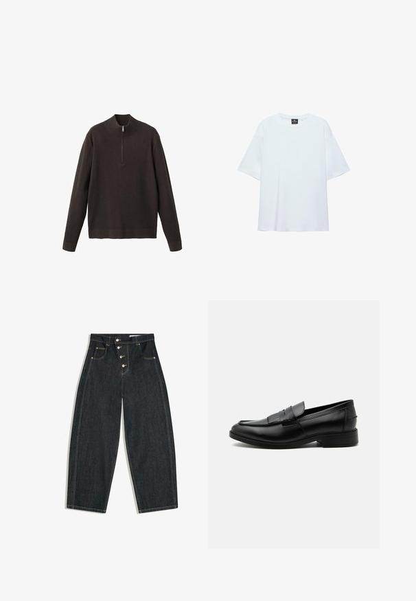 Pull-over moitié zip marron foncé en tissu tricot côtelé, avec un col montant et des manches longues terminées par un ourlet droit.; T-shirt blanc uni oversize à manches courtes avec col rond et étiquette noire à l'intérieur du col sur fond blanc.; Jean en denim noir taille haute avec jambes larges, quatre boutons à l'avant, poches avant avec rivets et surpiqures contrastantes.; Mocassin homme en cuir noir avec détail pompon, bout arrondi, talon bas et finition polie lisse, montré de profil sur fond blanc.