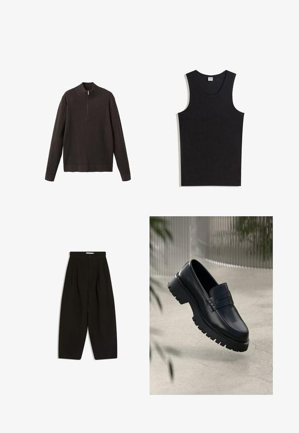 Pull-over moitié zip marron foncé en tissu tricot côtelé, avec un col montant et des manches longues terminées par un ourlet droit.; Débardeur noir en coton, doté d'un col rond et d'une coupe sans manches. Texture lisse sans motifs ni accents visibles.; Pantalon noir à jambes larges en tissu doux, avec un devant plissé, une fermeture à boutons et des poches latérales pour plus de fonctionnalité.; Mocassins en cuir noir avec une semelle à crampons épaisse, dotés d'une sangle décorative et de détails de couture. Texture lisse avec une finition polie.