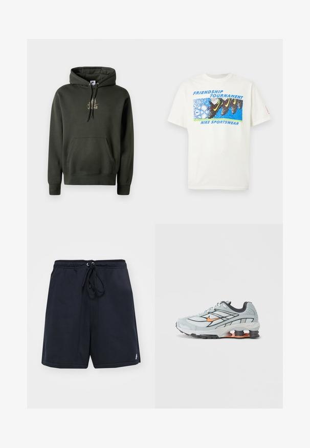 Donkergroene hoodie met een kangoeroezak, verstelbare trekkoordkap en een kleine gouden grafiek op de borst. Zacht materiaal met geribbelde manchetten.; Wit T-shirt met een afbeelding van voetbalschoenen die een blauwe en witte Nike voetbal trappen, met de tekst "Friendship Tournament" en "Nike Sportswear."; Marineblauwe katoenen shorts met een elastische tailleband en verstelbare koord. Voorzien van zijzakken en een klein logo op de zoom.; Lichtgrijze hardloopschoen met zwarte accenten, oranje logo, bovenwerk van mesh, gevoerde kraag en rubberen zool met zichtbare schokabsorberende elementen.