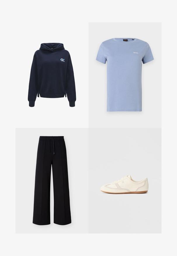 Dunkelblaues Kapuzen-Sweatshirt aus weichem Stoff, mit einem kleinen hellblauen Logo auf der linken Seite und Schlitzen an dem Saum.; Hellblaues Baumwoll-T-Shirt mit kurzen Ärmeln, Rundhalsausschnitt und weiß gesticktem BOSS-Logo auf der linken Brust. Glatte Textur, lässige Passform.; Schwarze Hose mit weitem Bein aus weichem Stoff, ausgestattet mit einem elastischen Bund mit Kordelzug und Seitennähten für eine lockere Passform.; Sneakers in Cremefarben mit Obermaterial aus Wildleder und Stoff, abgerundete Zehenpartie und Gummisohle mit beigefarbenem Akzent. Schnürsenkelverschluss.