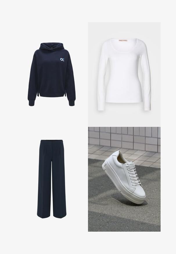Dunkelblaues Kapuzen-Sweatshirt aus weichem Stoff, mit einem kleinen hellblauen Logo auf der linken Seite und Schlitzen an dem Saum.; Langärmliges, weißes Baumwoll-T-Shirt mit einem U-Ausschnitt und einer figurbetonten Passform, glatter Textur und ohne Verzierung.; Weite Hose in Dunkelblau, aus glattem Stoff, mit maßgeschneiderten Falten und hohem Taillendesign. Keine sichtbaren Taschen oder Verzierungen.; Weiße Leder-Sneaker mit einem Low-Top-Design, flachen Schnürsenkeln, runder Zehenform und strukturierten Seiten. Dicke Gummisohle mit dezenten Akzenten.