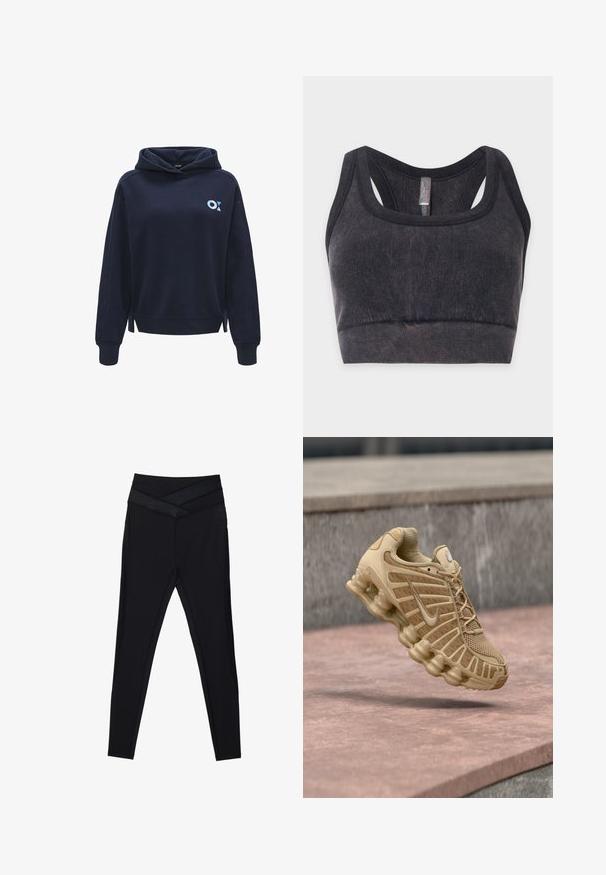 Dunkelblaues Kapuzen-Sweatshirt aus weichem Stoff, mit einem kleinen hellblauen Logo auf der linken Seite und Schlitzen an dem Saum.; Schwarzer, gerippter Sport-BH aus Stoff mit breiten Schultergurten und Racerback-Design, flach auf einem hellen Hintergrund ausgelegt.; Schwarze Leggings mit hoher Taille, breitem, überkreuztem Bund und schlanker Passform entlang der Beine vor weißem Hintergrund.; Beiger Sportschuh mit mesh-Obermaterial und strukturierter Unterstützung, ausgestattet mit einer gepolsterten Sohle mit sichtbaren Lufteinheiten und texturierten Details.