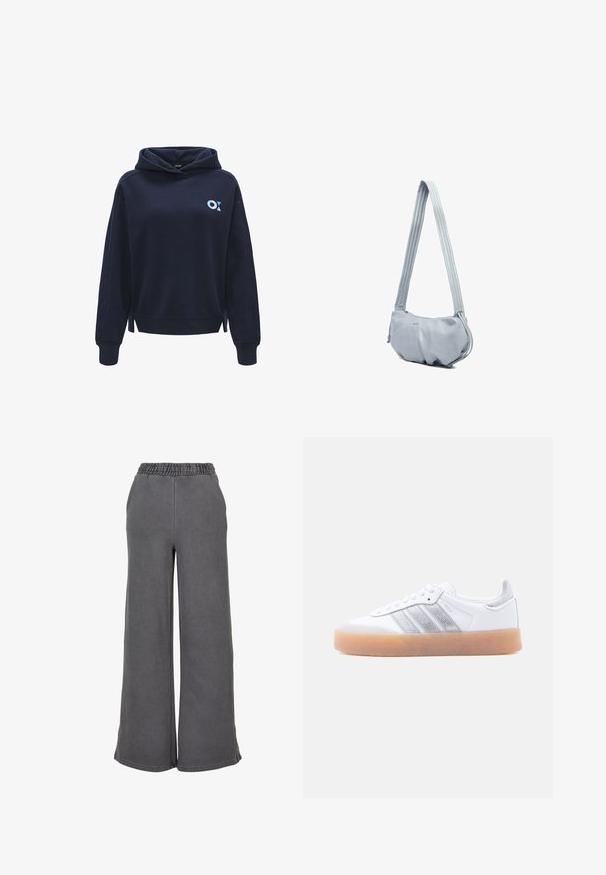 Dunkelblaues Kapuzen-Sweatshirt aus weichem Stoff, mit einem kleinen hellblauen Logo auf der linken Seite und Schlitzen an dem Saum.; Weit geschnittene graue Sweatpants aus weichem Material, mit einem elastischen Bund für zusätzlichen Komfort. Glatte Textur ohne sichtbare Muster oder Akzente.; Weißer Sneaker in niedrigem Schnitt mit brauner Sohle, seitlichen silbernen Streifenakzenten und Schnürverschluss, dargestellt vor hellem einfarbigem Hintergrund.; Hellblaue Schultertasche mit langem, gepolstertem Schulterriemen, gerafften Stoffdetails und kleinem Metall-Logo auf der Vorderseite.