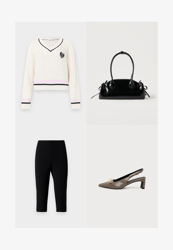 Pull crème en maille torsadée à col en V avec des rayures noires et roses sur les poignets et l'ourlet, arborant un emblème de cœur noir sur la poitrine.; Pantalons capri noirs en tissu extensible, avec un design ajusté qui se termine juste en dessous du genou, une texture lisse et sans coutures visibles.; Escarpin slingback en cuir verni marron avec bout pointu, petit talon bloc, bride à boucle dorée et accent décoratif doré sur le dessus.; Petit sac à main noir brillant avec deux longues anses et des détails à cordon sur les côtés sur un fond clair uni.