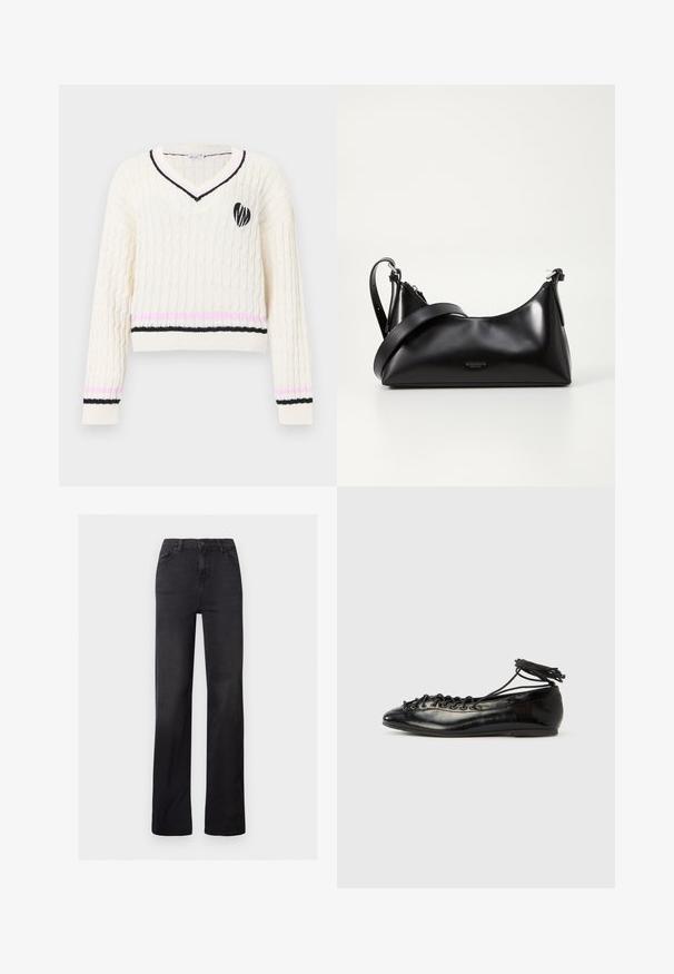 Pull crème en maille torsadée à col en V avec des rayures noires et roses sur les poignets et l'ourlet, arborant un emblème de cœur noir sur la poitrine.; Jean en denim noir à jambes droites avec une taille haute, un design à cinq poches et des coutures visibles. Texture lisse avec une finition légèrement délavée.; Ballerines en cuir verni noir avec un bout rond, un design à lacets et une semelle plate. Texture lisse avec peu de détails.; Sac à main en cuir noir avec une texture lisse. Dispose d'une bandoulière adjustable et d'un design élégant et minimaliste avec une fermeture éclair.