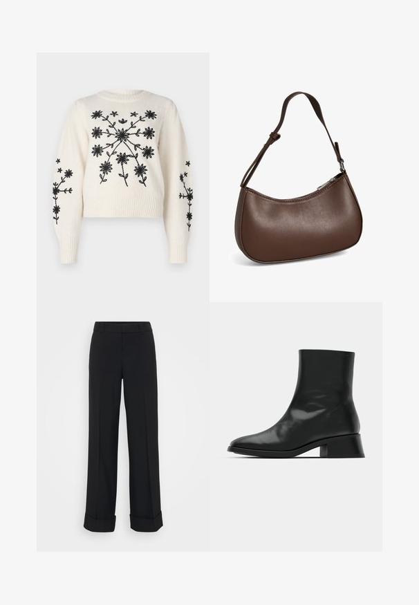 Suéter crema con bordado floral negro, que presenta un cuello redondo y puños acanalados. El diseño incluye patrones florales en la parte delantera y en las mangas.; Pantalones de pierna ancha negros con una textura suave, que presentan un diseño ajustado, dobladillo con puños y una cinturilla tradicional.; Botín negro de tobillo hecho de cuero brillante, con un diseño elegante, punta afilada y un tacón bloque moderado para mayor estabilidad.; Pequeño bolso bandolera de cuero marrón con correa ajustable y cierre de cremallera, mostrado sobre un fondo blanco. Sin logotipos ni adornos visibles.