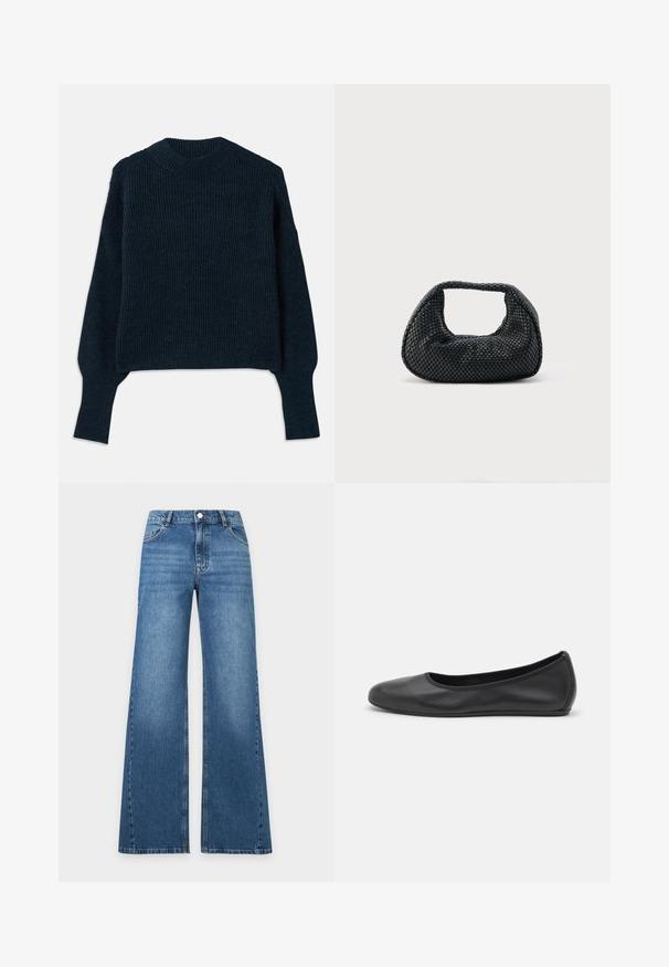 Dunkelnavyblauer, gerippter Strickpullover mit langen Ärmeln und rundem Ausschnitt, auf einem weißen Hintergrund flach ausgelegt.; Blaue Jeans mit weitem Bein, vorn mit Knopf, Reißverschluss und Fünf-Taschen-Design auf einfachem hellem Hintergrund.; Schwarze Leder-Ballettschuhe mit abgerundeter Spitze, glatter Textur, minimalen Nähdetails und einem flexiblen Sohlen-Design.; Schwarze gewebte Hobo-Tasche mit weicher Struktur und integriertem Griff, dargestellt vor einem schlichten hellen Hintergrund.