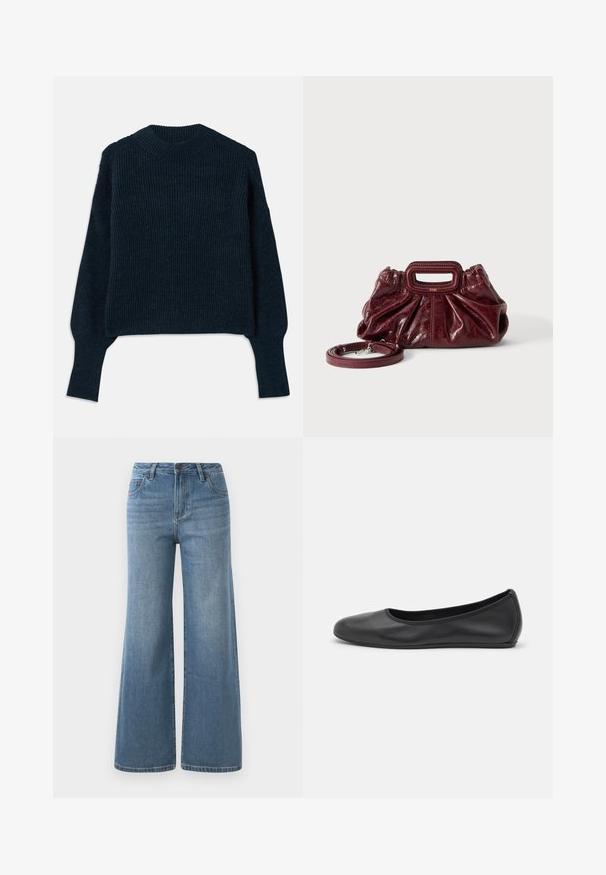 Donker marineblauwe geribbelde trui met lange mouwen en een ronde hals, plat gelegd op een witte achtergrond.; Lichtblauwe wijde denim jeans met hoge taille, knoop- en ritssluiting en voorzakken.; Zwarte leren ballerina met een ronde neus, gladde textuur, minimale stikdetails en een flexibele zoolontwerp.; Kleine donkerrode leren handtas met geplooide textuur, rechthoekig handvat met uitsparing en afneembare schouderriem tegen een witte achtergrond.