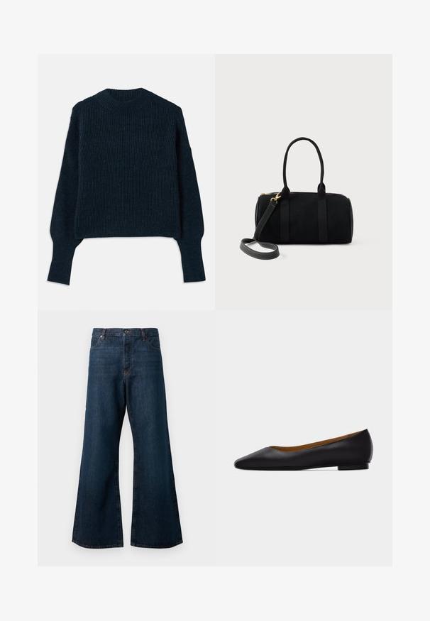 Chandail en tricot côtelé bleu marine foncé avec des manches longues et un col rond, posé à plat sur un fond blanc.; Jean large en denim bleu foncé, avec une taille haute, un design à cinq poches et des coutures orange contrastantes le long des coutures.; Chaussure plate en cuir noir à bout pointu avec talon bas et finition lisse, vue de côté sur un fond gris clair.; Sac à main cylindrique noir avec doubles poignées et une bandoulière amovible, dotée de quincaillerie dorée et d'une fermeture éclair sur le dessus.
