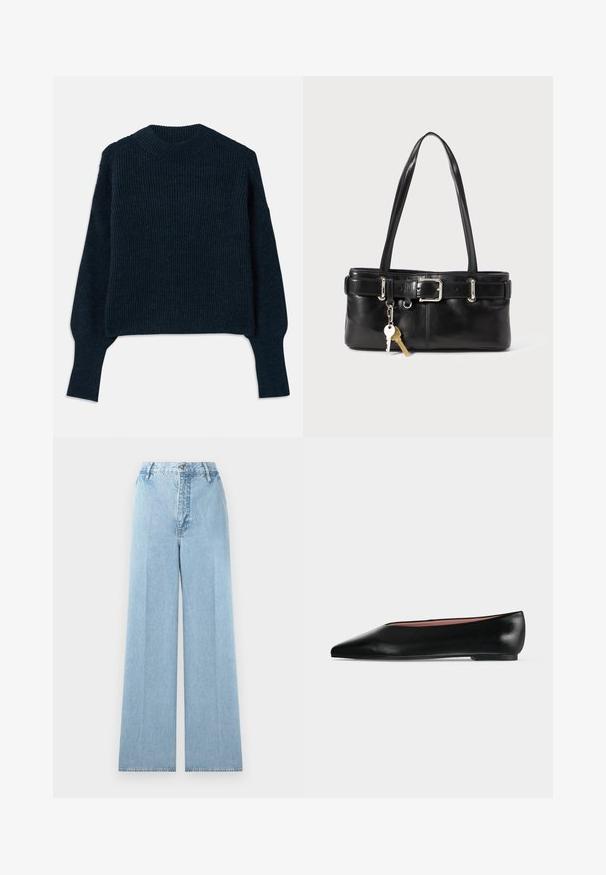 Mørkeblå ribbet striktrøje med lange ærmer og rund halsudskæring lagt fladt på en hvid baggrund.; Lyseblå bredbenede jeans lavet af denim med høj talje, som har fem bæltestropper, en frontknaplukning og stikninger.; Sort damesko i læder med flad hæl og spids tå, vist fra siden på en ensfarvet lys grå baggrund.; Sort læder tote bag med to skulderremme, spænde detaljer og en nøglering hængende. Glat overflade, struktureret design.